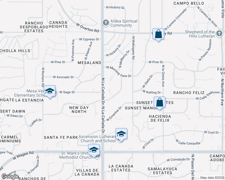 map of restaurants, bars, coffee shops, grocery stores, and more near 1300 West Dawn Drive in Tucson