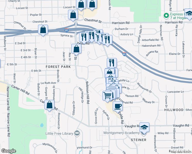 map of restaurants, bars, coffee shops, grocery stores, and more near 2739 Green Oaks Drive in Montgomery