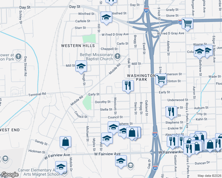 map of restaurants, bars, coffee shops, grocery stores, and more near 1308 Maple Street in Montgomery