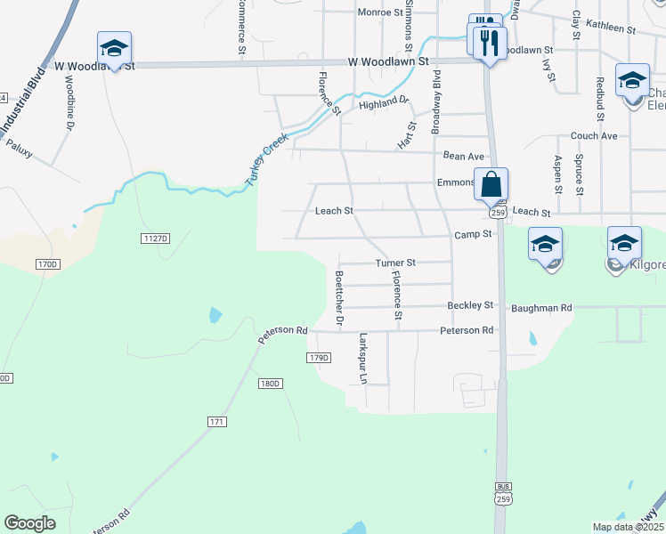 map of restaurants, bars, coffee shops, grocery stores, and more near 411 Turner Street in Kilgore