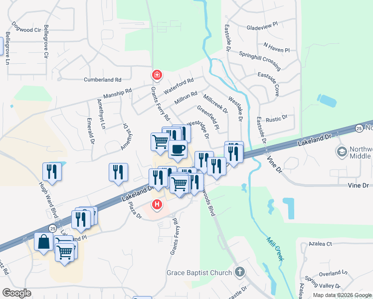 map of restaurants, bars, coffee shops, grocery stores, and more near 624 Grants Ferry Road in Brandon
