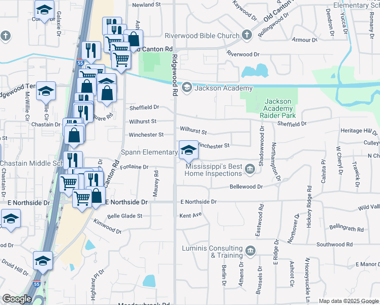 map of restaurants, bars, coffee shops, grocery stores, and more near 1628 Brecon Drive in Jackson