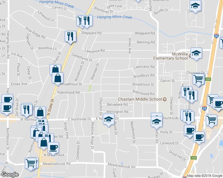 map of restaurants, bars, coffee shops, grocery stores, and more near 542 Robinhood Road in Jackson