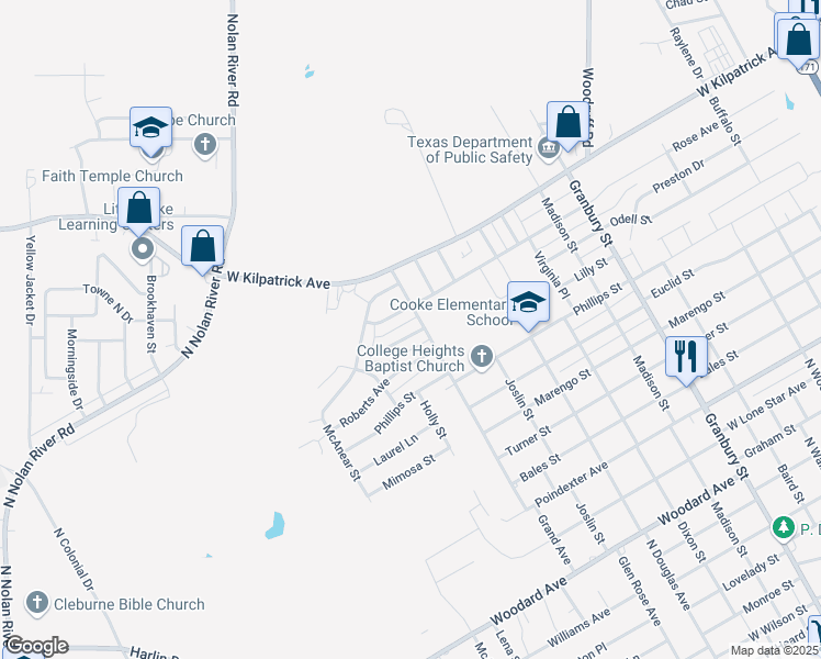 map of restaurants, bars, coffee shops, grocery stores, and more near 1304 Manor Drive in Cleburne