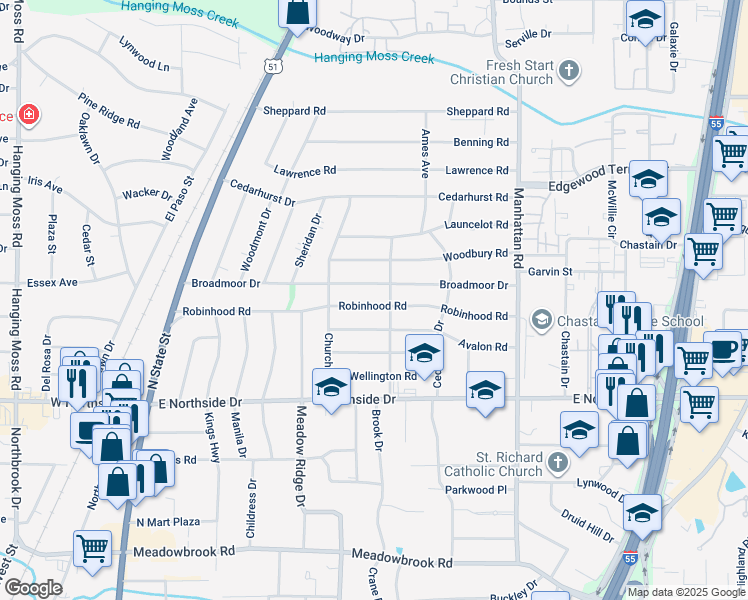 map of restaurants, bars, coffee shops, grocery stores, and more near 543 Broadmoor Drive in Jackson