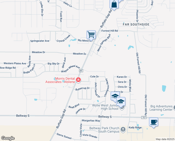 map of restaurants, bars, coffee shops, grocery stores, and more near 7299 Buffalo Gap Road in Abilene