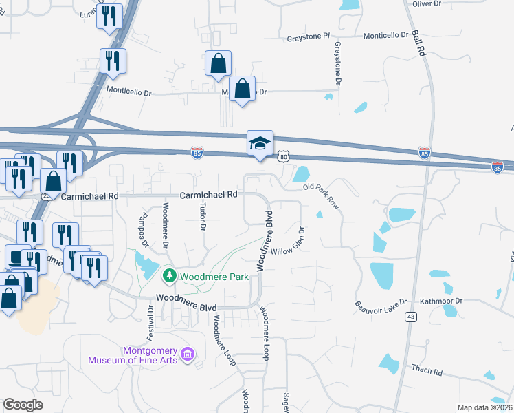 map of restaurants, bars, coffee shops, grocery stores, and more near 6255 Woodmere Boulevard in Montgomery