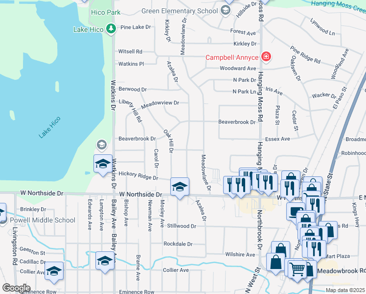 map of restaurants, bars, coffee shops, grocery stores, and more near 4105 Azalea Drive in Jackson