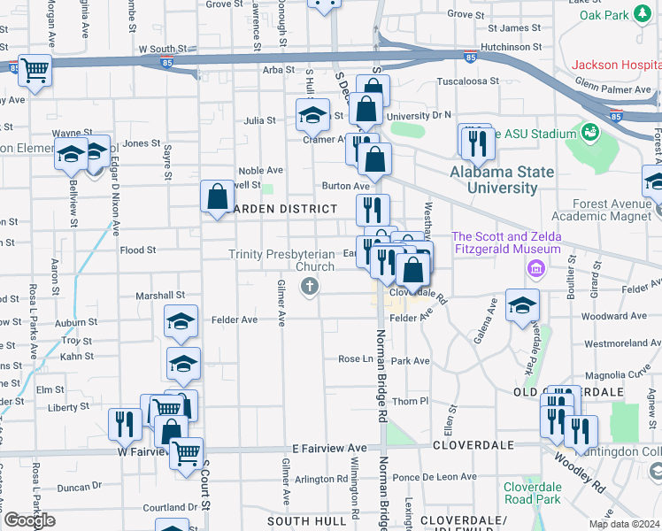 map of restaurants, bars, coffee shops, grocery stores, and more near 419 Clanton Avenue in Montgomery