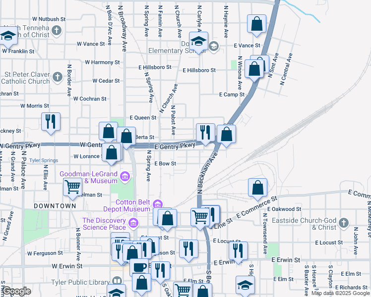 map of restaurants, bars, coffee shops, grocery stores, and more near 422 East Valentine Street in Tyler