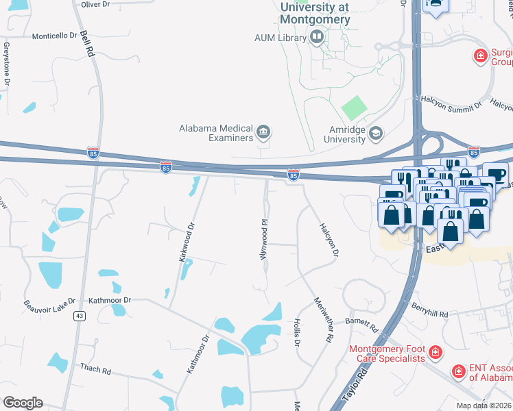 map of restaurants, bars, coffee shops, grocery stores, and more near 6424 Wynwood Place in Montgomery