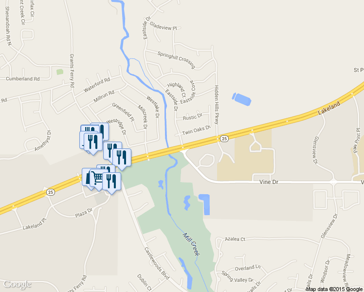 map of restaurants, bars, coffee shops, grocery stores, and more near 135 Eastside Drive in Brandon