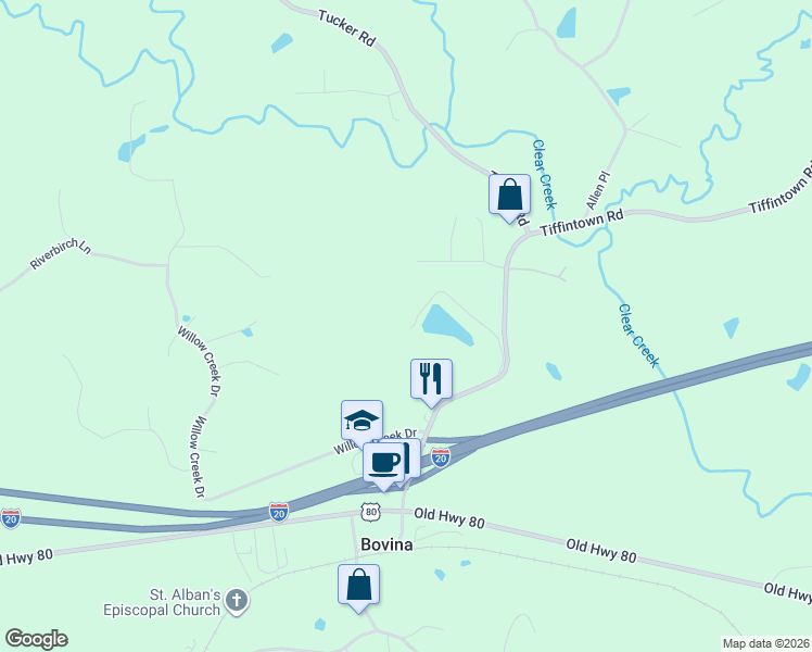 map of restaurants, bars, coffee shops, grocery stores, and more near 96 Zanders Road in Vicksburg
