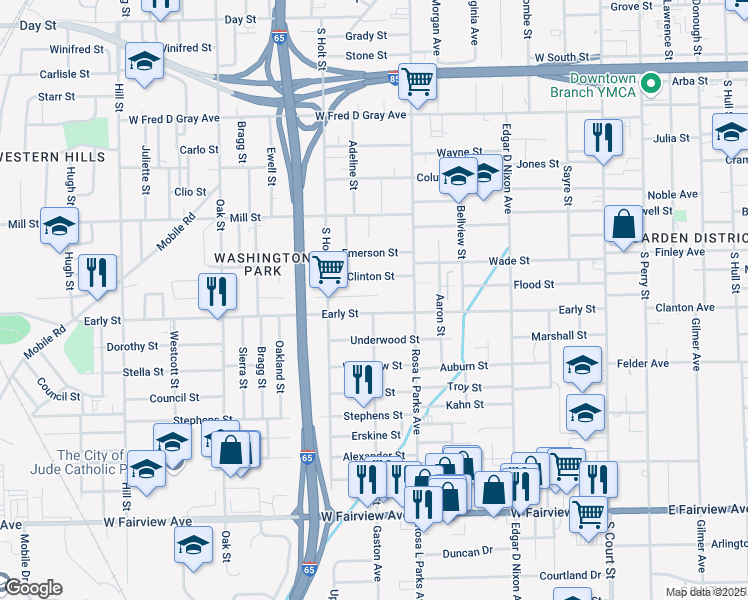 map of restaurants, bars, coffee shops, grocery stores, and more near 721 Central Street in Montgomery