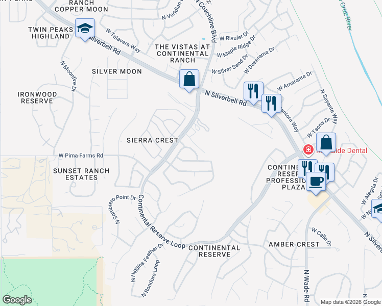 map of restaurants, bars, coffee shops, grocery stores, and more near 8425 North Sand Flower Road in Tucson
