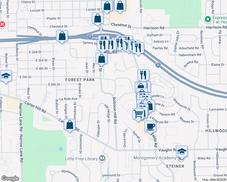 map of restaurants, bars, coffee shops, grocery stores, and more near 1650 Sheffield Road in Montgomery