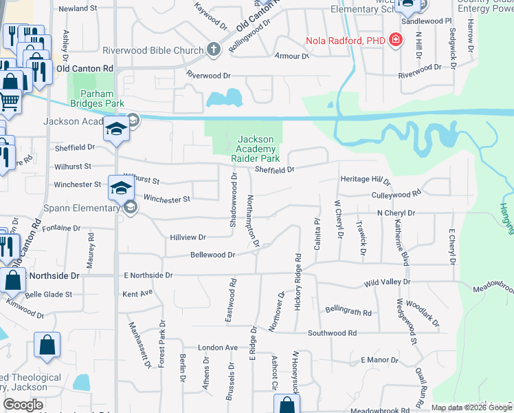map of restaurants, bars, coffee shops, grocery stores, and more near 4720 Northampton Drive in Jackson