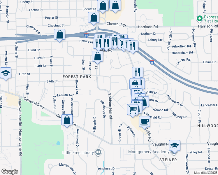map of restaurants, bars, coffee shops, grocery stores, and more near 1650 Sheffield Road in Montgomery