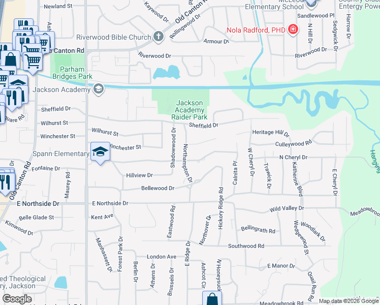 map of restaurants, bars, coffee shops, grocery stores, and more near 4720 Northampton Drive in Jackson