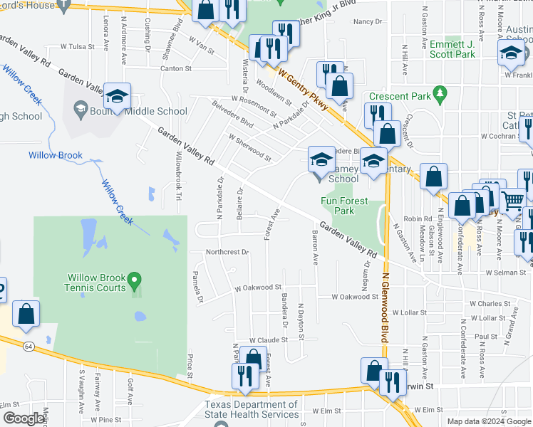 map of restaurants, bars, coffee shops, grocery stores, and more near 2303 Mccullar Drive in Tyler