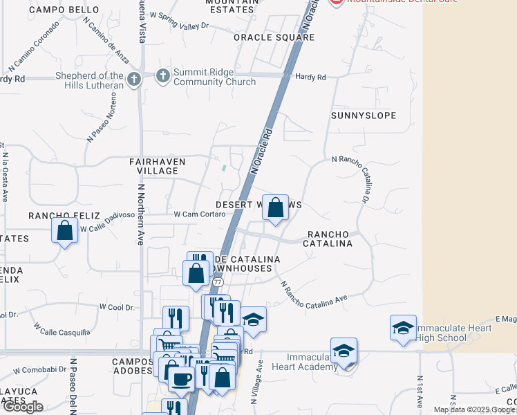 map of restaurants, bars, coffee shops, grocery stores, and more near 8422 North Hanks Place in Tucson