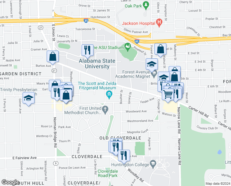 map of restaurants, bars, coffee shops, grocery stores, and more near 2145 Belfast Street in Montgomery