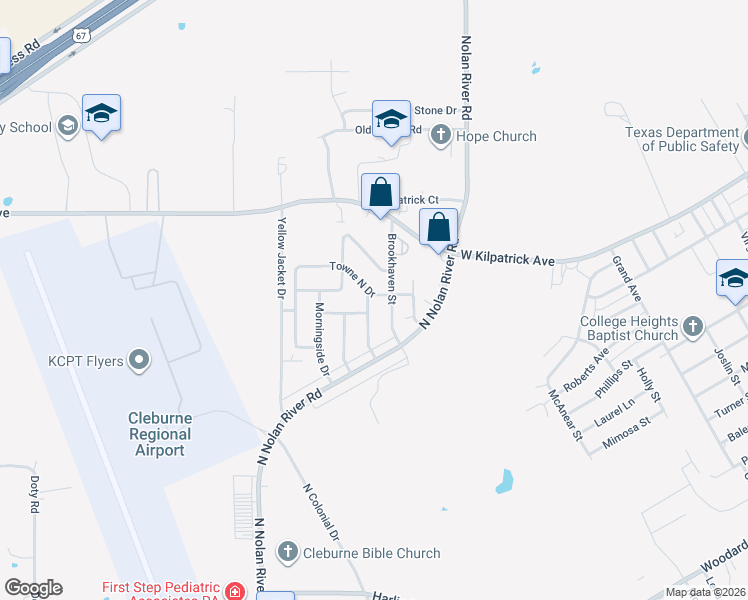 map of restaurants, bars, coffee shops, grocery stores, and more near 1604 Woodside Lane East in Cleburne