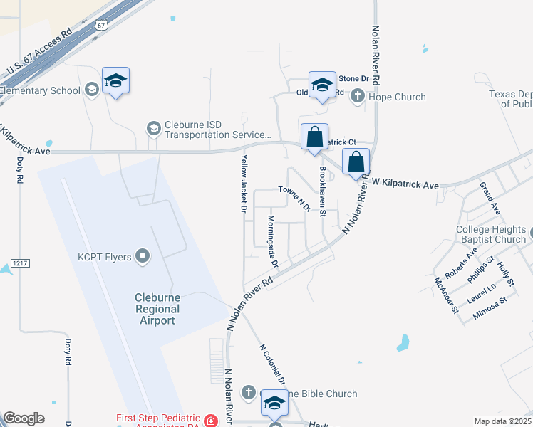 map of restaurants, bars, coffee shops, grocery stores, and more near 1704 Spring Branch Drive in Cleburne
