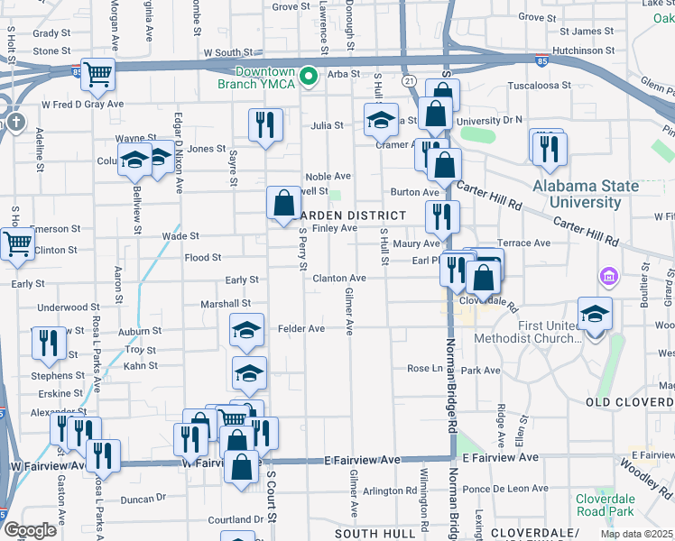 map of restaurants, bars, coffee shops, grocery stores, and more near 1277 S Lawrence St in Montgomery