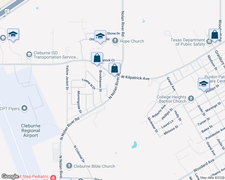 map of restaurants, bars, coffee shops, grocery stores, and more near 1607 North Nolan River Road in Cleburne