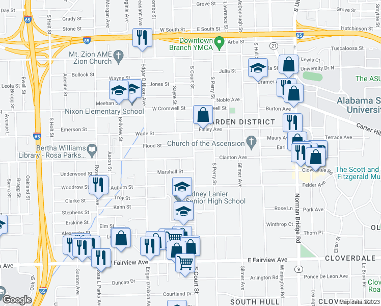 map of restaurants, bars, coffee shops, grocery stores, and more near 1424 South Court Street in Montgomery