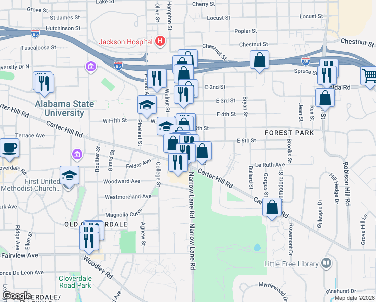 map of restaurants, bars, coffee shops, grocery stores, and more near 2001 Mulberry Street in Montgomery