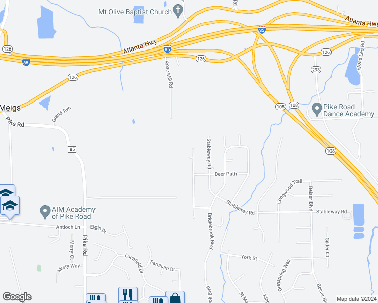 map of restaurants, bars, coffee shops, grocery stores, and more near 525 Saddlewood Drive in Pike Road