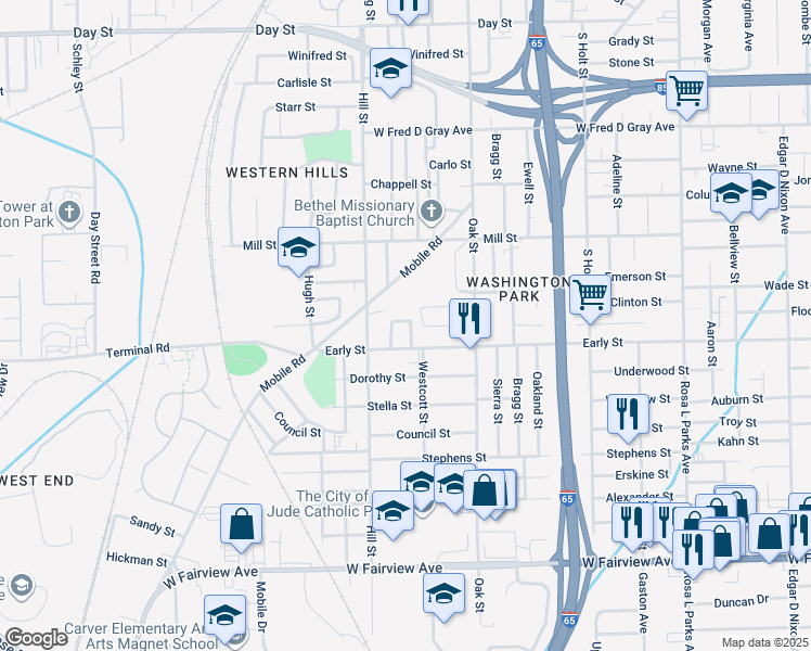 map of restaurants, bars, coffee shops, grocery stores, and more near 1308 Maple Street in Montgomery