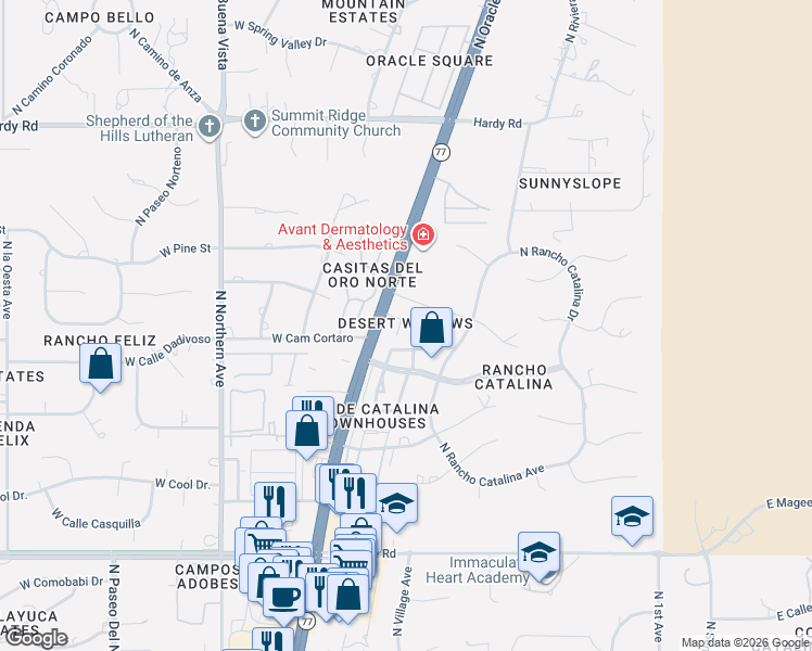 map of restaurants, bars, coffee shops, grocery stores, and more near 8422 North Hanks Place in Tucson