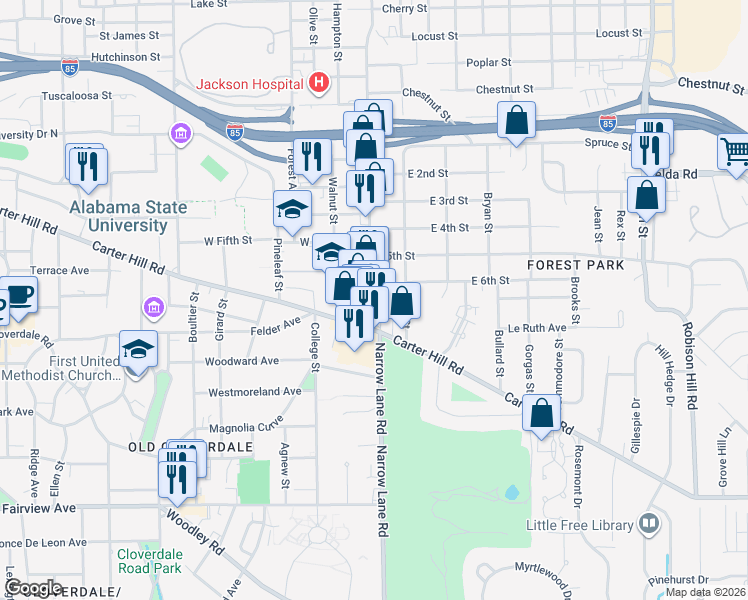map of restaurants, bars, coffee shops, grocery stores, and more near 2001 Mulberry Street in Montgomery