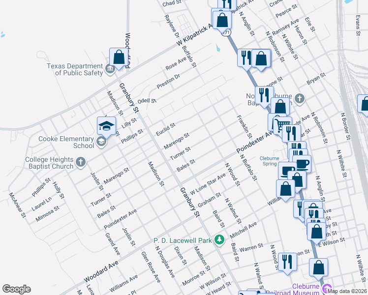 map of restaurants, bars, coffee shops, grocery stores, and more near 428 Turner Street in Cleburne