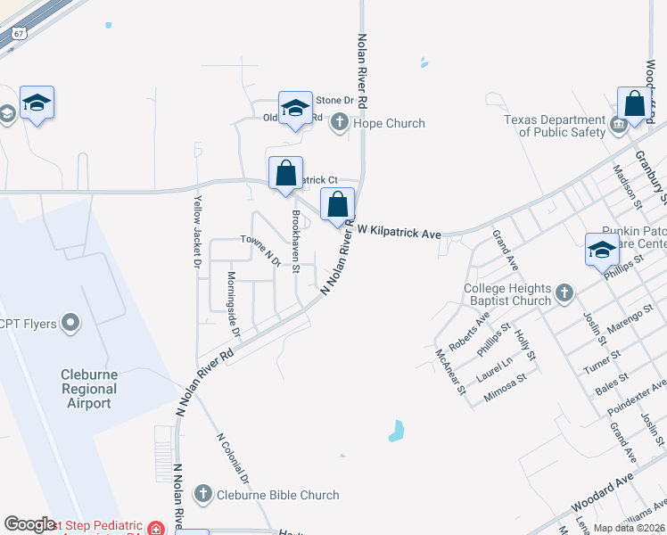 map of restaurants, bars, coffee shops, grocery stores, and more near 1607 North Nolan River Road in Cleburne