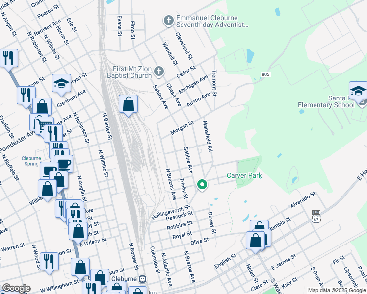 map of restaurants, bars, coffee shops, grocery stores, and more near 501 Sabine Avenue in Cleburne