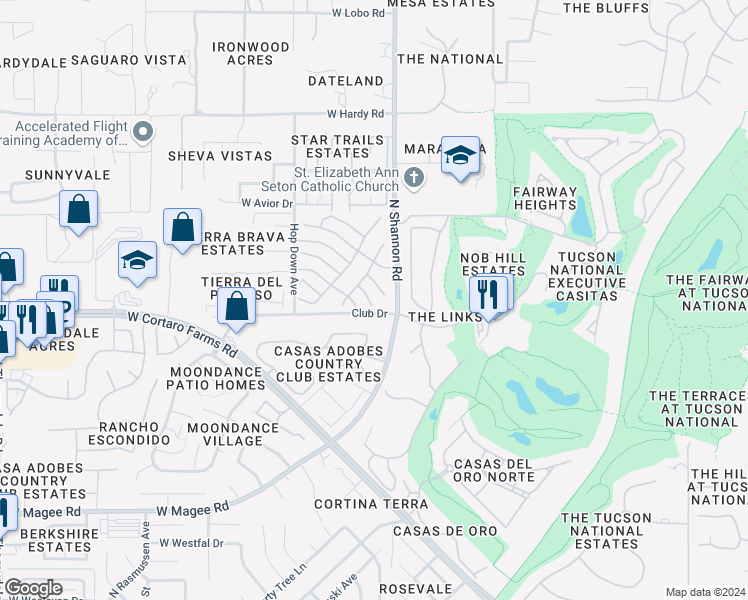 map of restaurants, bars, coffee shops, grocery stores, and more near 2966 West Country Meadow Drive in Tucson