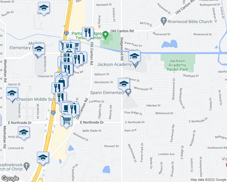 map of restaurants, bars, coffee shops, grocery stores, and more near 1526 Brecon Drive in Jackson