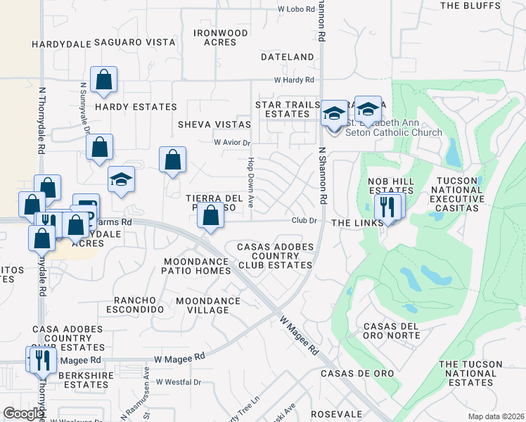 map of restaurants, bars, coffee shops, grocery stores, and more near 8424 North Winchester Creek Drive in Tucson