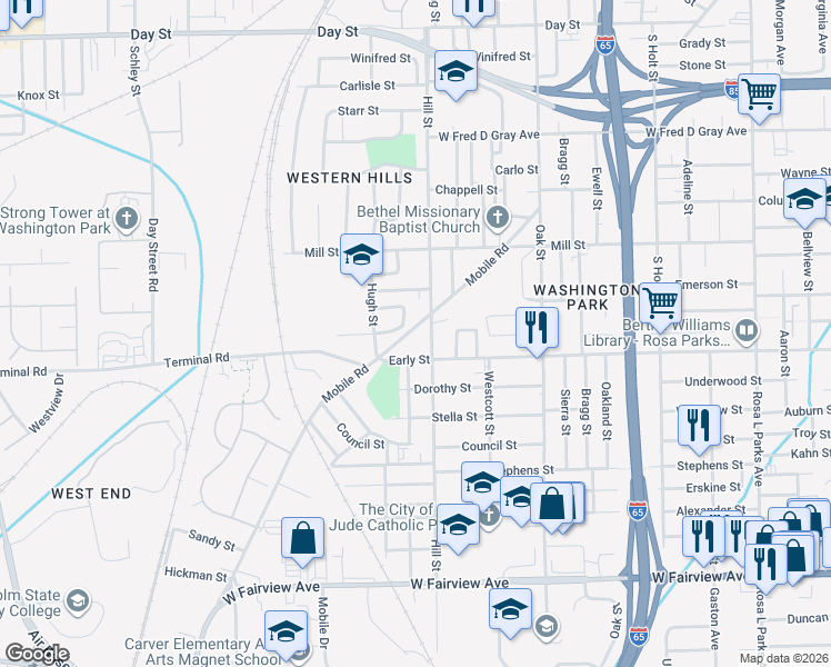 map of restaurants, bars, coffee shops, grocery stores, and more near 1431 Mobile Road in Montgomery