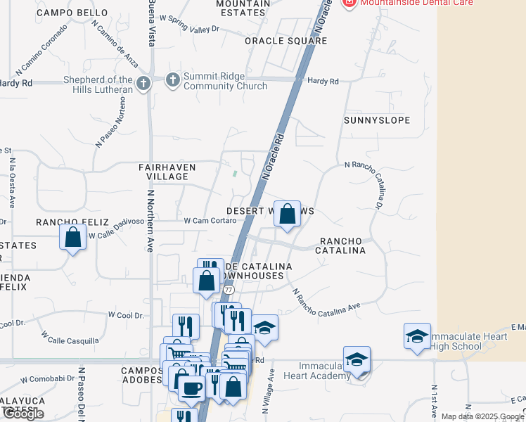 map of restaurants, bars, coffee shops, grocery stores, and more near 8422 North Hanks Place in Tucson