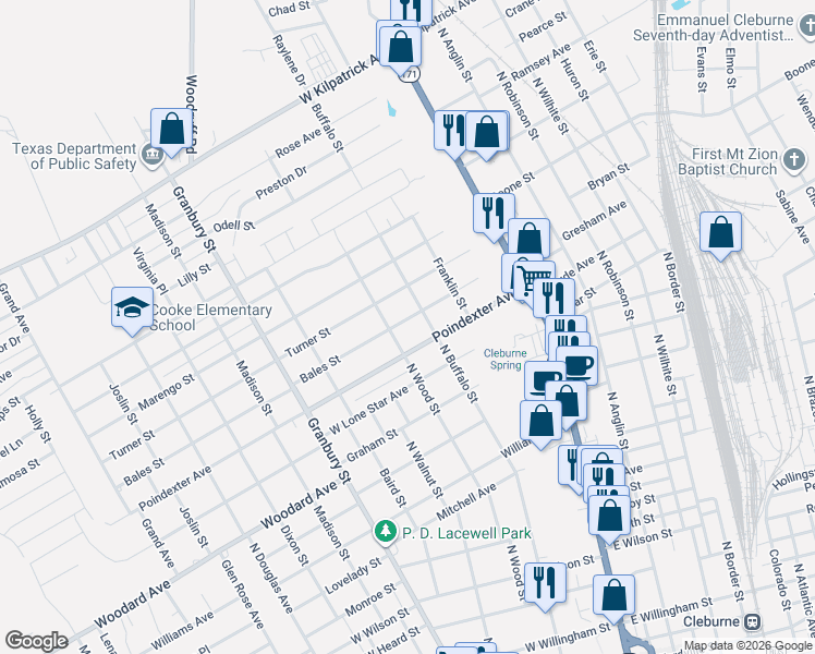 map of restaurants, bars, coffee shops, grocery stores, and more near 315 Bales Street in Cleburne