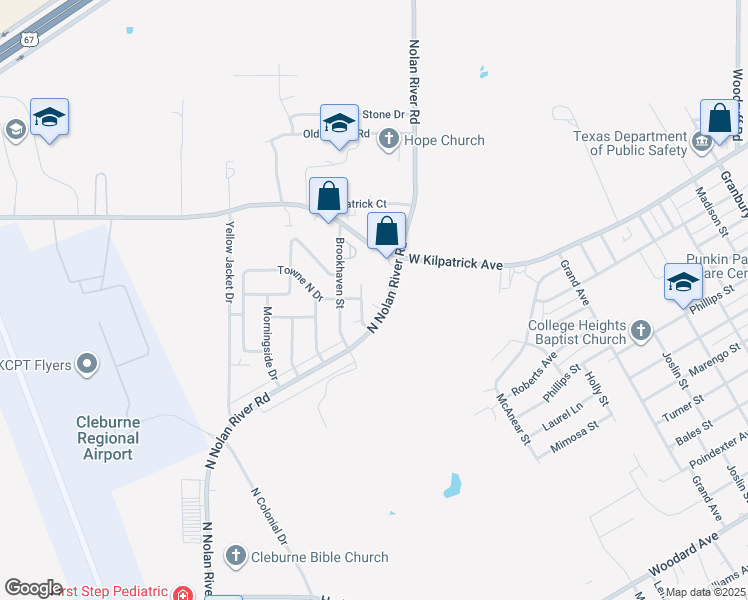map of restaurants, bars, coffee shops, grocery stores, and more near 1609 Sun Valley Drive in Cleburne