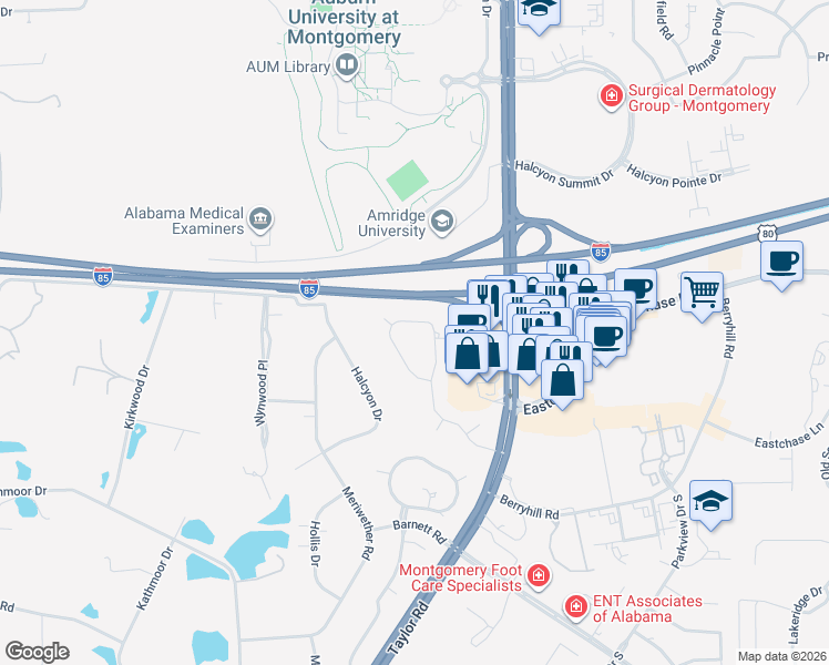 map of restaurants, bars, coffee shops, grocery stores, and more near 7636 Halcyon Forest Trail in Montgomery