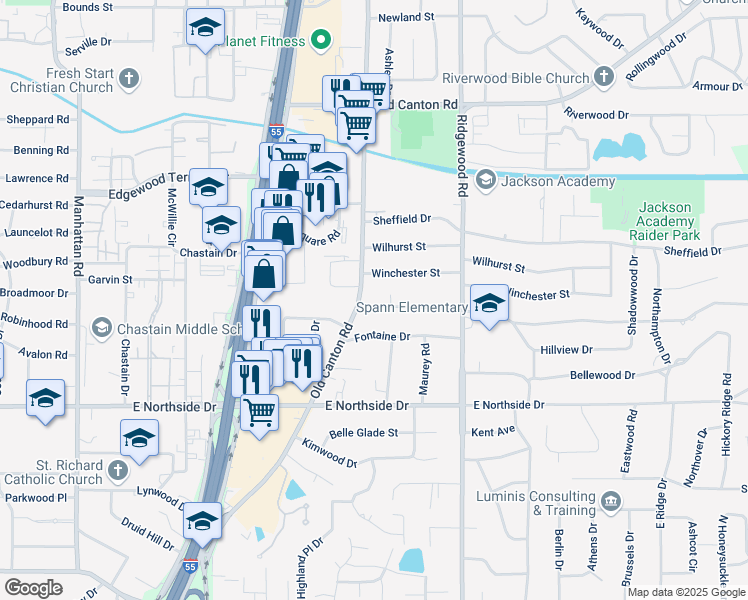 map of restaurants, bars, coffee shops, grocery stores, and more near 1414 Brecon Drive in Jackson