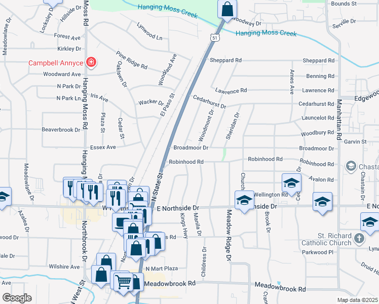 map of restaurants, bars, coffee shops, grocery stores, and more near 209 Broadmoor Dr in Jackson