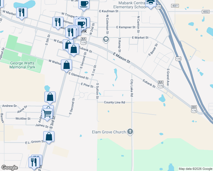 map of restaurants, bars, coffee shops, grocery stores, and more near 709 S Sutton St in Mabank
